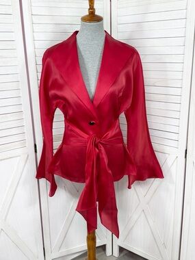 Jones New York Red Silk Organza Tie Waist Flare Sleeve Blouse Medium